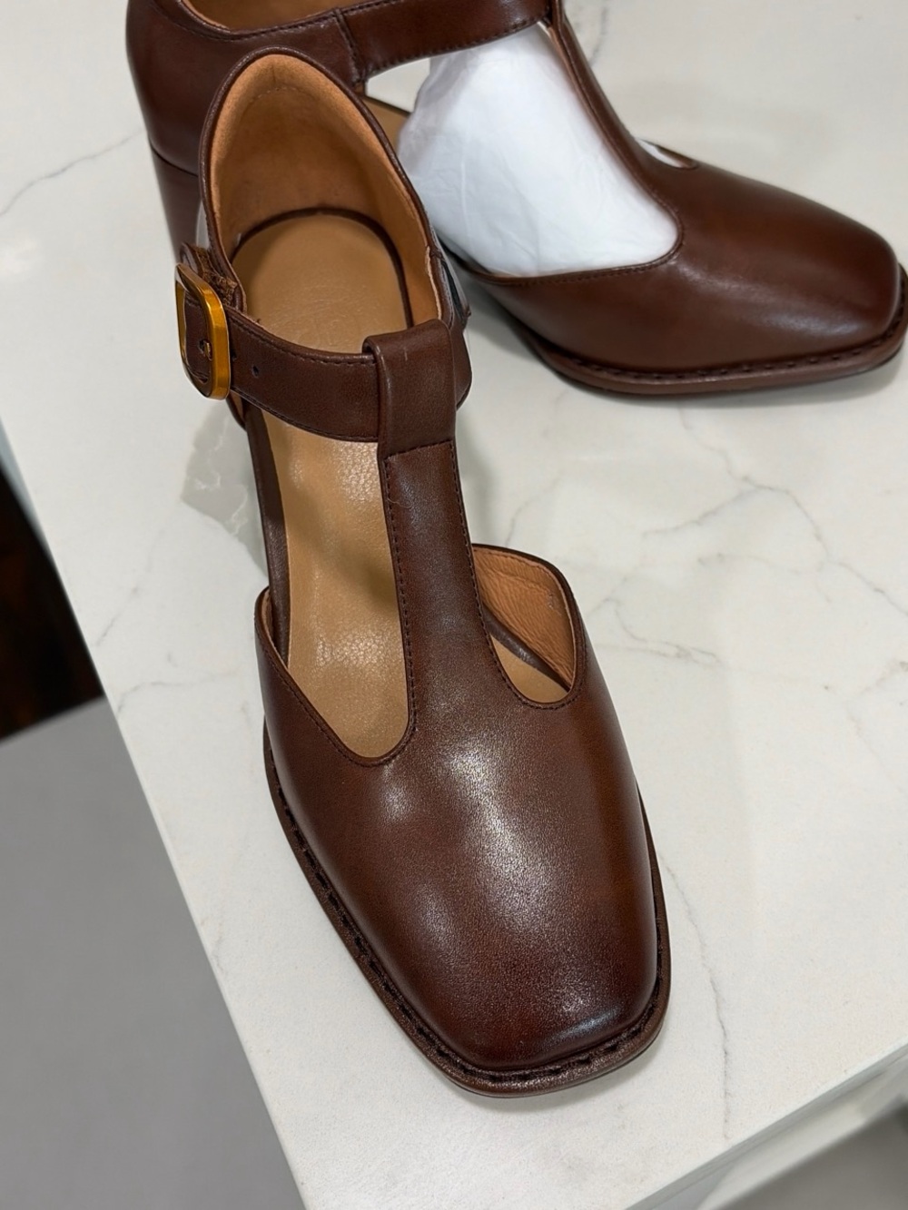 Women's Brown Leather T-Strap Block Heel Mary Jane Shoes - Picture 2 of 4